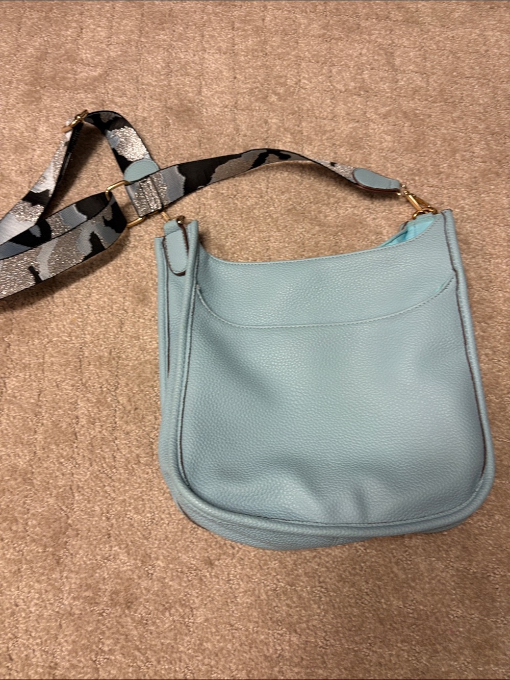 Light Blue Leather Crossbody Bag with Detachable Patterned Strap